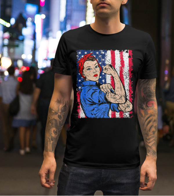 Rosie The Riveter Feminist Patriotic USA American Flag Iconic Empowerment T-Shirt