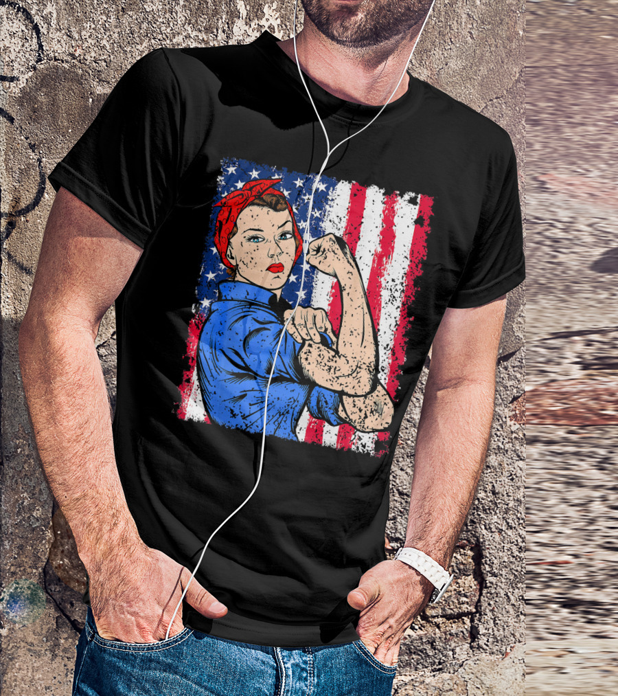 Rosie The Riveter Feminist Patriotic USA American Flag Iconic Empowerment T-Shirt