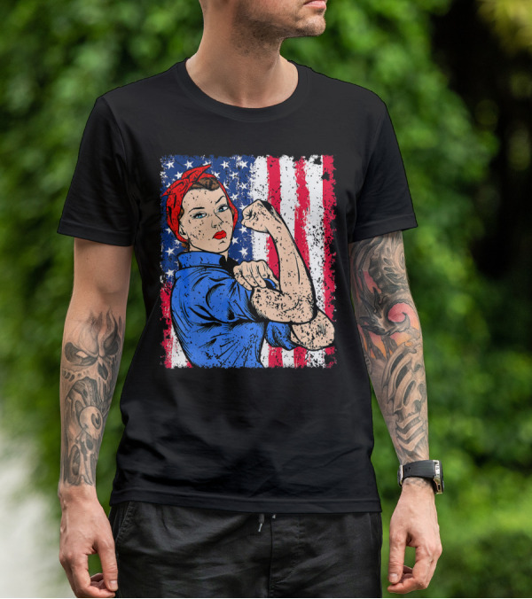 Rosie The Riveter Feminist Patriotic USA American Flag Iconic Empowerment T-Shirt