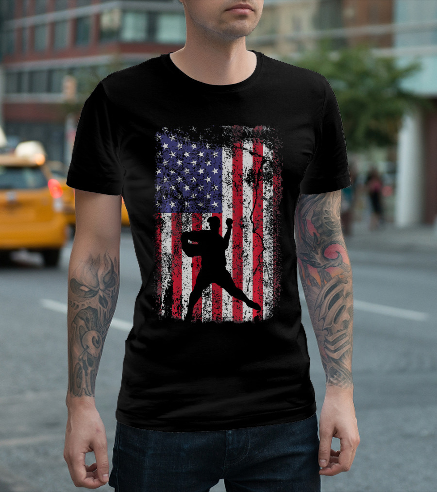 Baseball Pitcher Silhouette American Flag 4th of July Patriotic T-Shirt