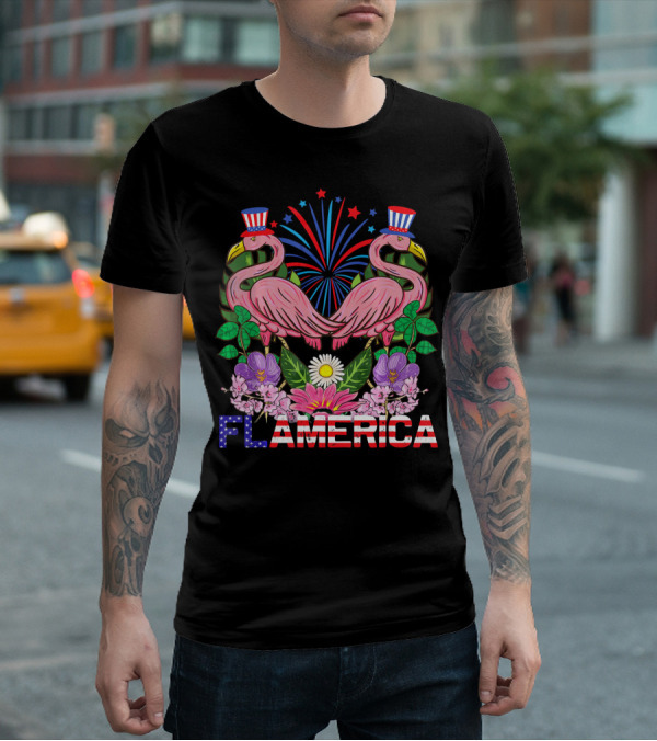 Flamerica Flamingo Fireworks Uncle Sam Hat Botanical T-Shirt