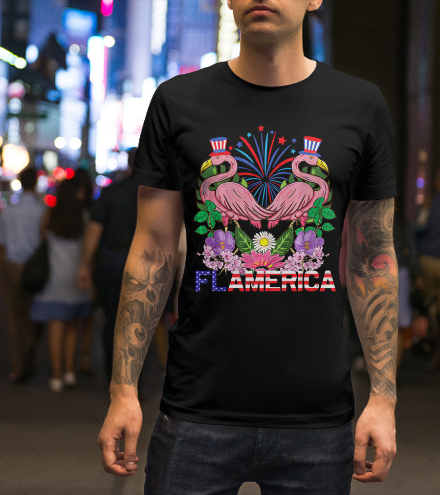 Flamerica Flamingo Fireworks Uncle Sam Hat Botanical T-Shirt