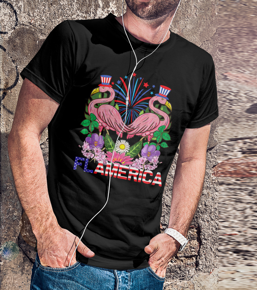 Flamerica Flamingo Fireworks Uncle Sam Hat Botanical T-Shirt