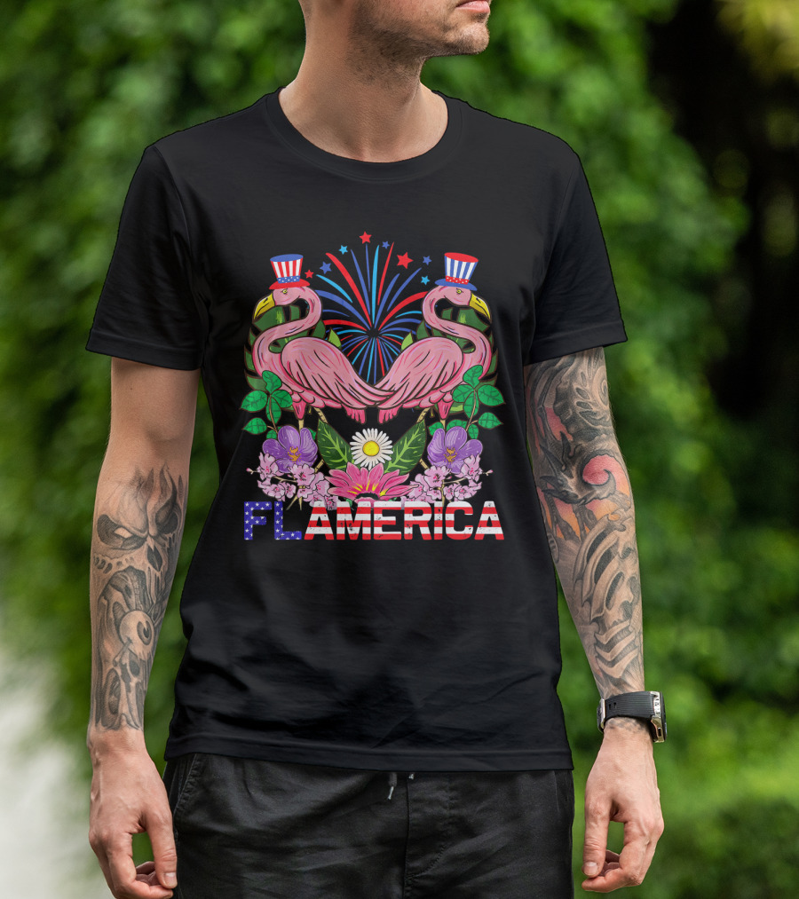 Flamerica Flamingo Fireworks Uncle Sam Hat Botanical T-Shirt