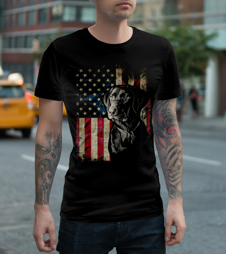 Patriotic Labrador Retriever with American Flag Background T-Shirt
