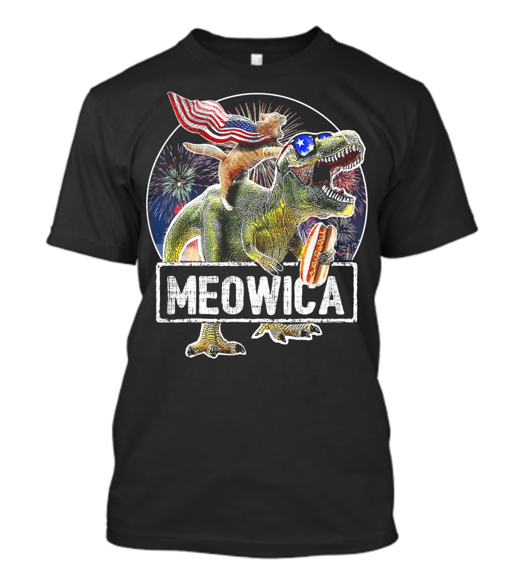 Meowica Cat With American Flag Riding T-Rex Holding Hot Dog T-Shirt