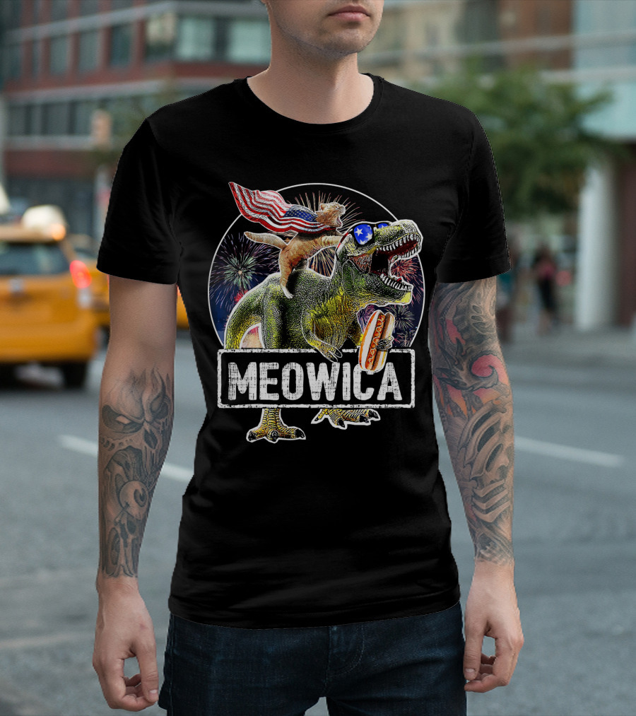 Meowica Cat With American Flag Riding T-Rex Holding Hot Dog T-Shirt