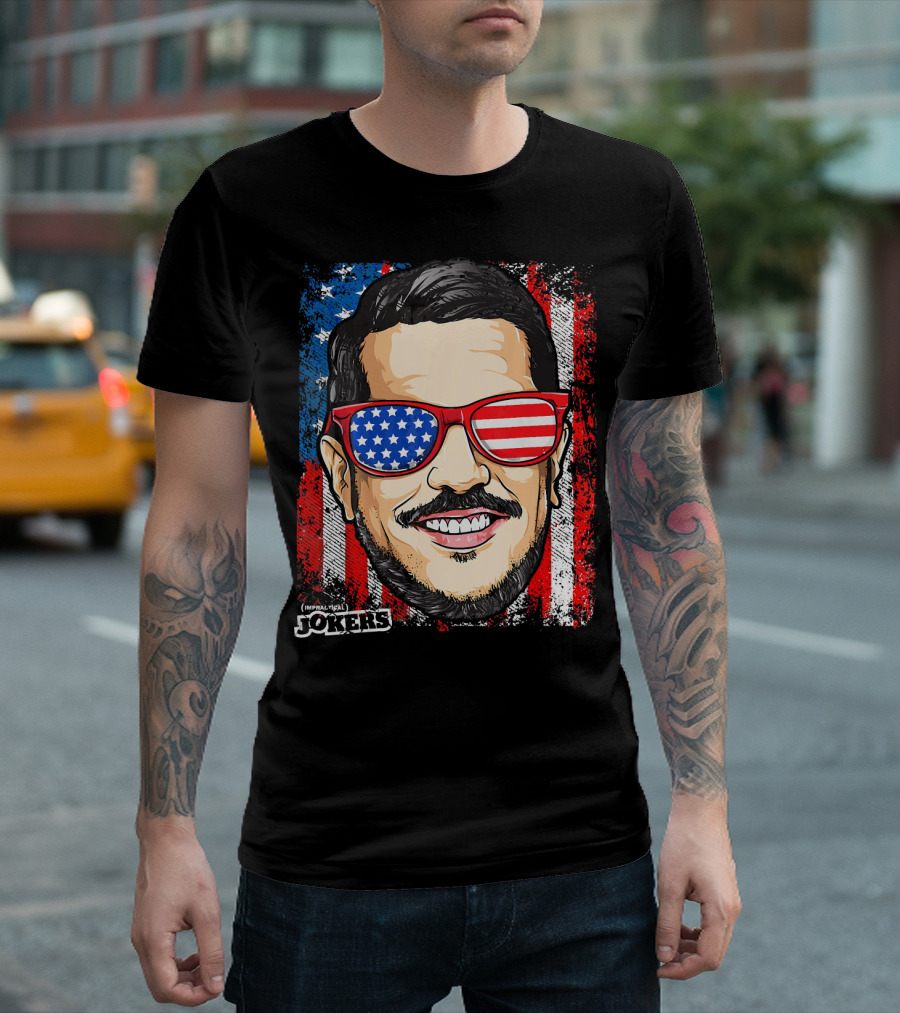 Impractical Jokers Patriotic Sal American Flag Sunglasses and Smiling Face T-Shirt