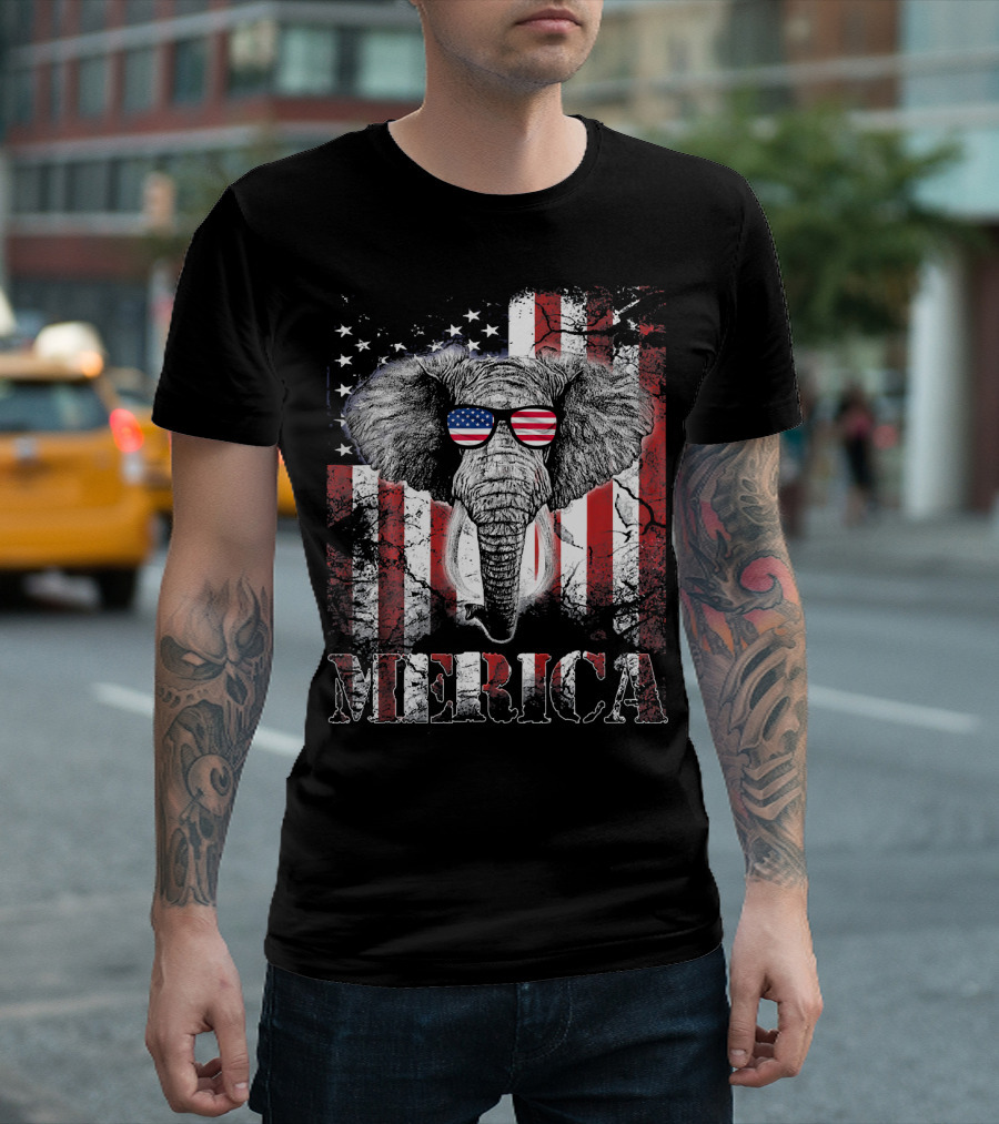 Elephant MERICA 4th Of July America Flag Sunglasses T-Shirt