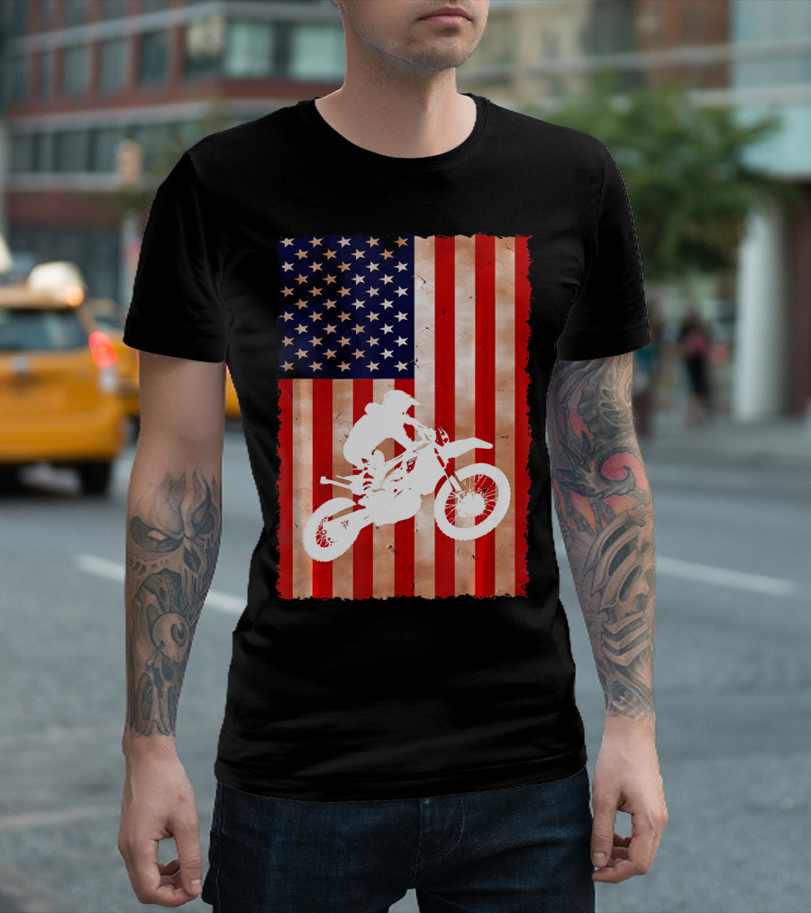 Dirt Bike Motocross American Flag Patriotic Ride USA T-Shirt