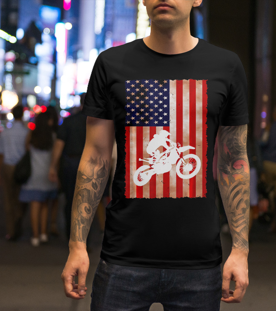 Dirt Bike Motocross American Flag Patriotic Ride USA T-Shirt