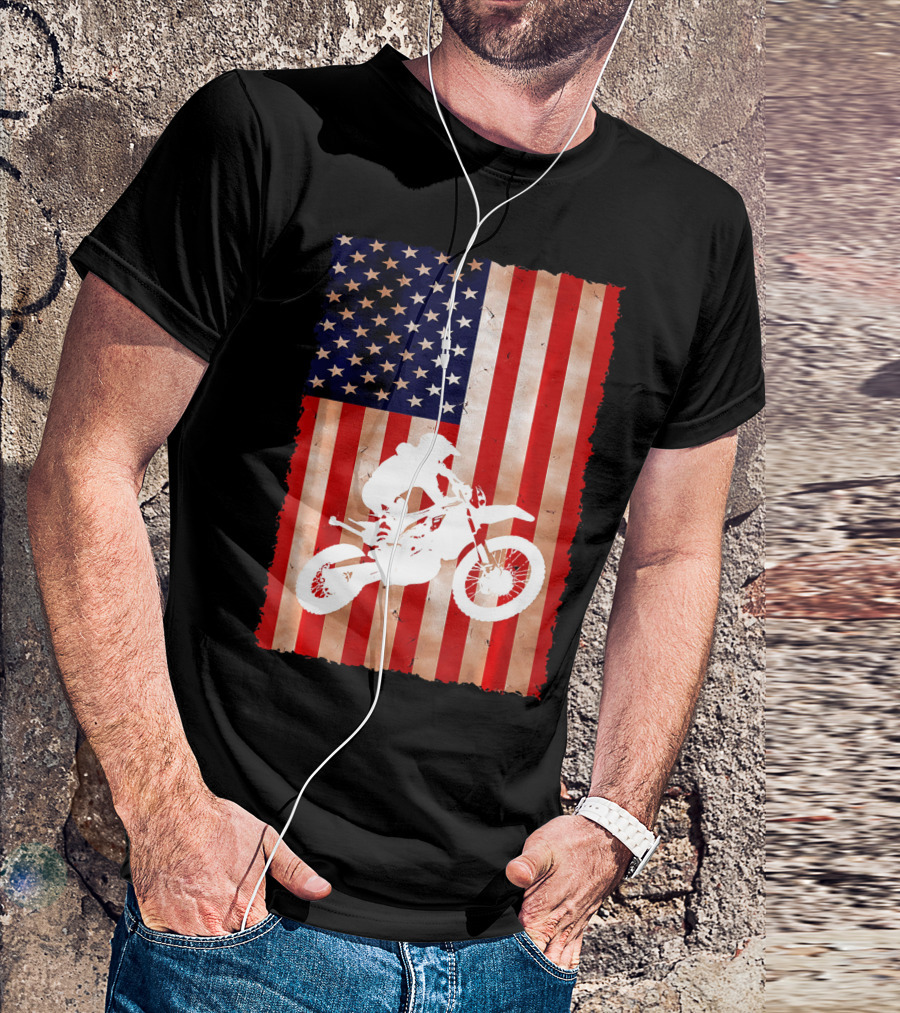 Dirt Bike Motocross American Flag Patriotic Ride USA T-Shirt