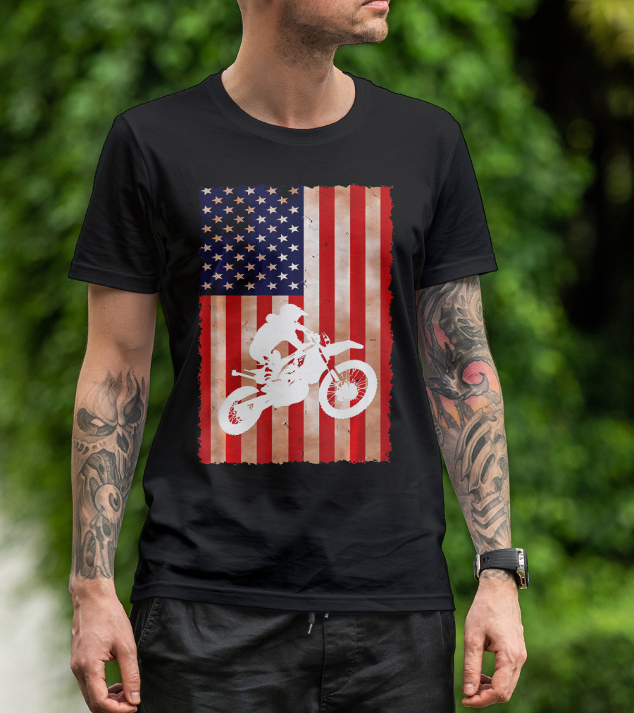 Dirt Bike Motocross American Flag Patriotic Ride USA T-Shirt