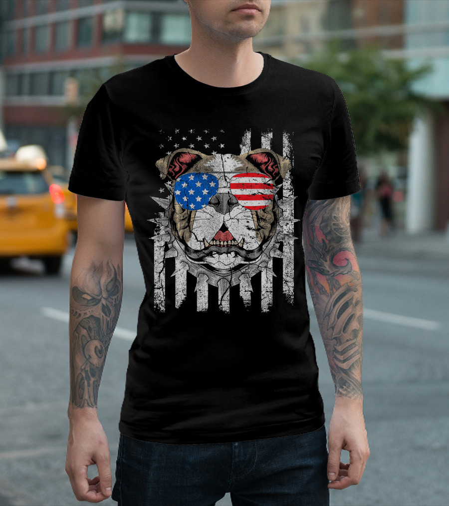 Bulldog with American Flag Sunglasses 4th of July USA T-Shirt