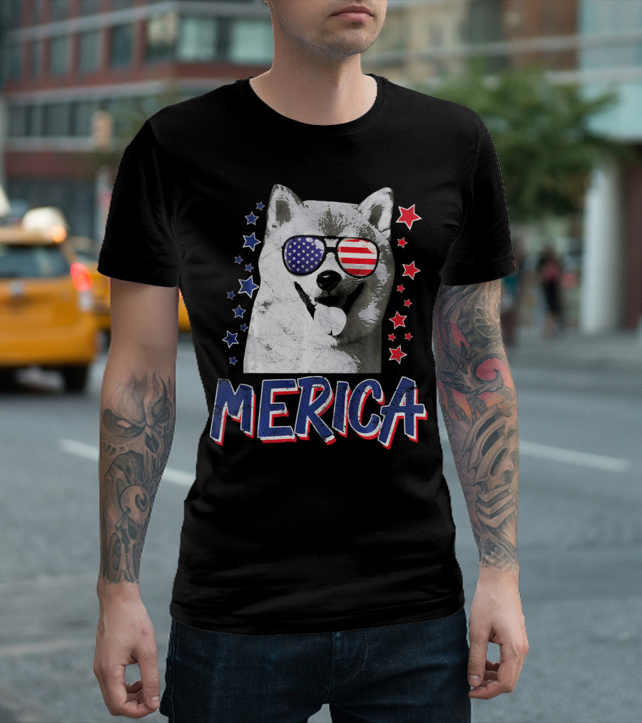 Merica Shiba Inu Dog Patriotic USA Stars And Stripes Sunglasses T-Shirt