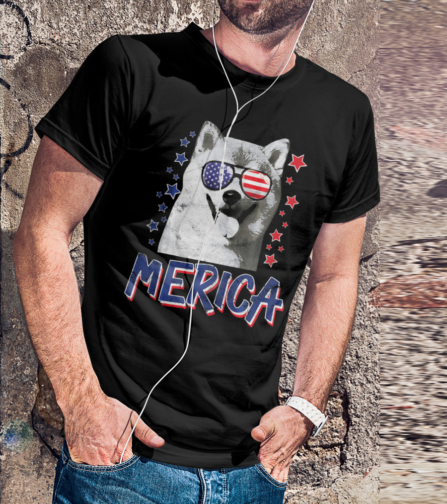 Merica Shiba Inu Dog Patriotic USA Stars And Stripes Sunglasses T-Shirt