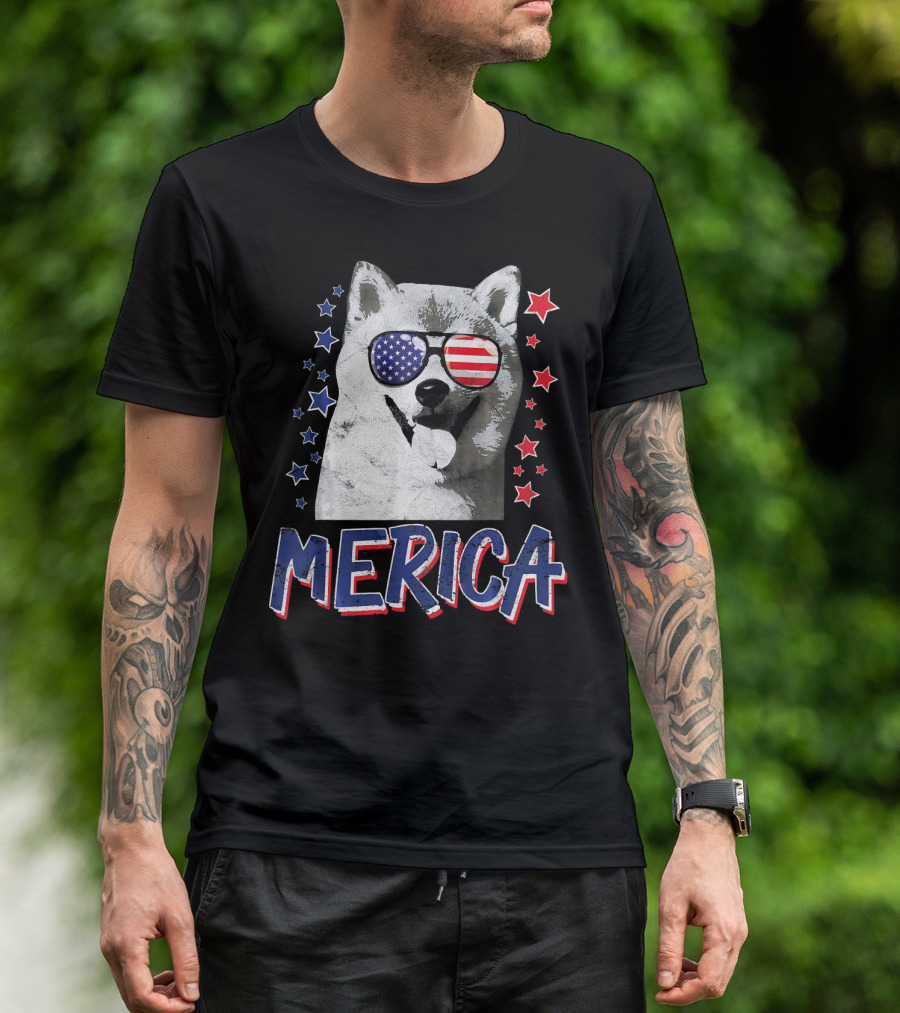 Merica Shiba Inu Dog Patriotic USA Stars And Stripes Sunglasses T-Shirt