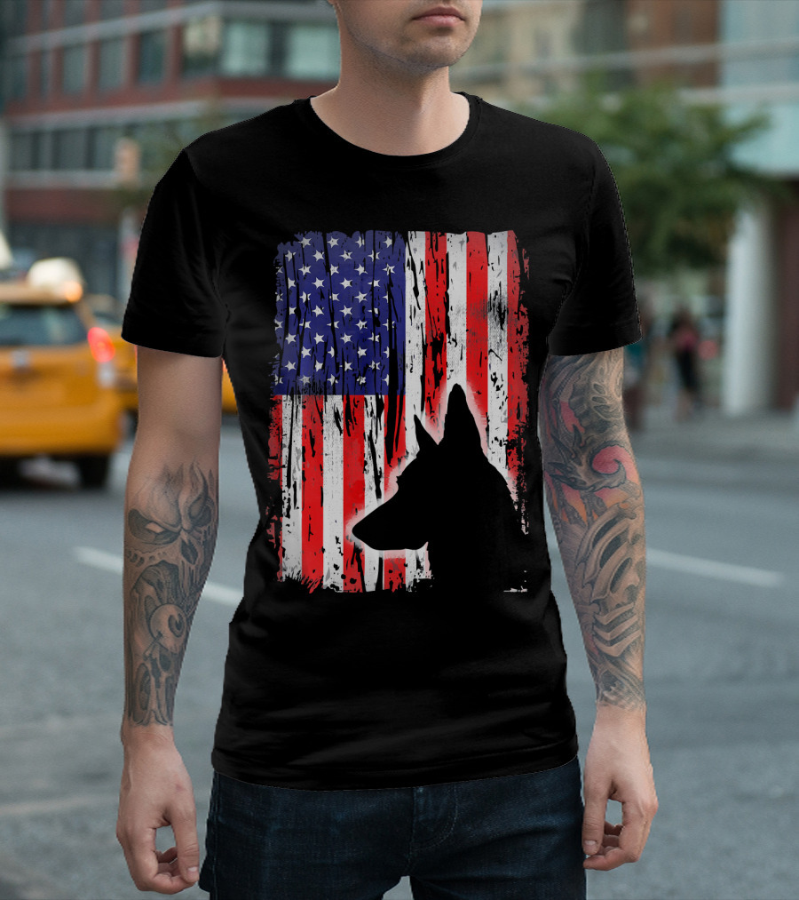 Belgian Malinois Silhouette Rustic American Flag USA T-Shirt