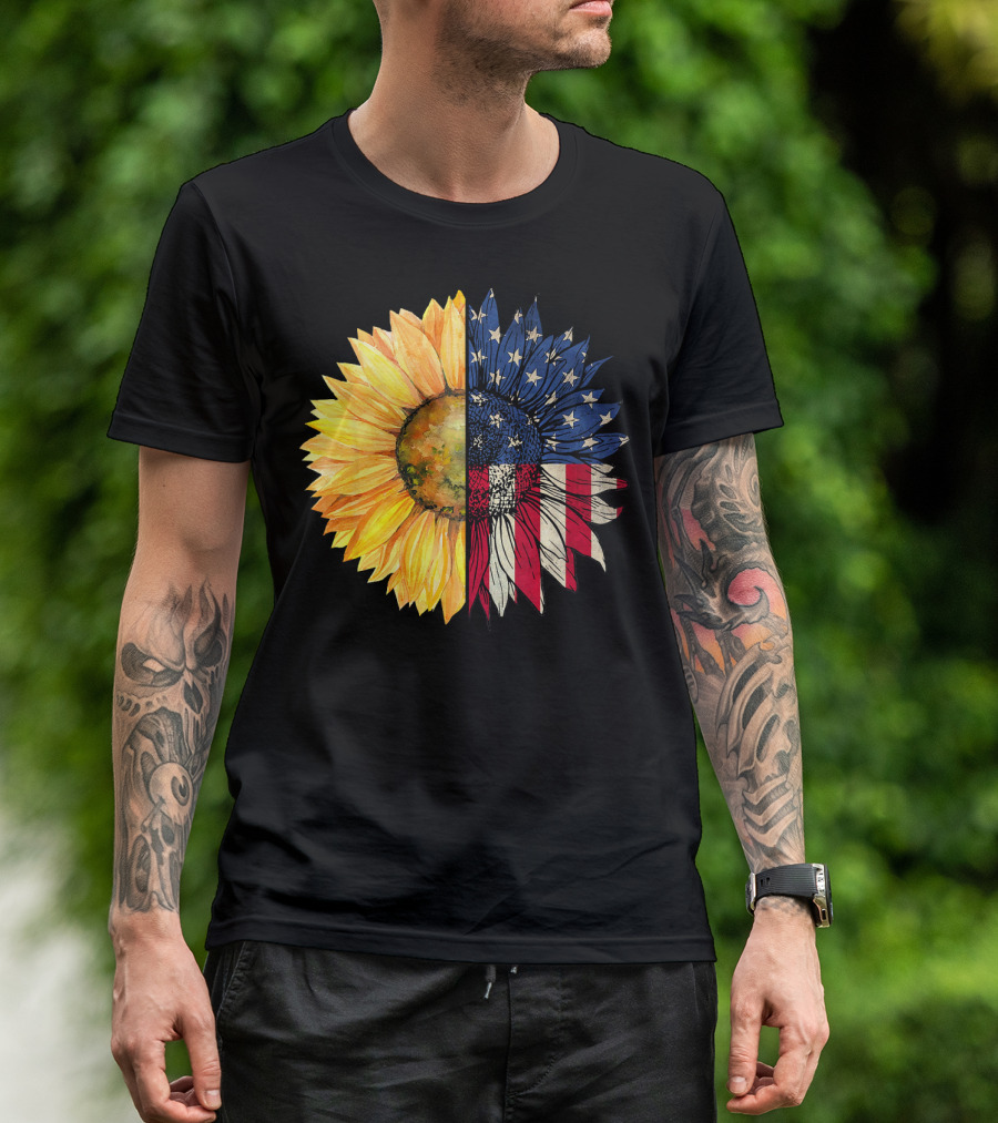 Sunflower American USA Flag 4th Of July T-Shirt