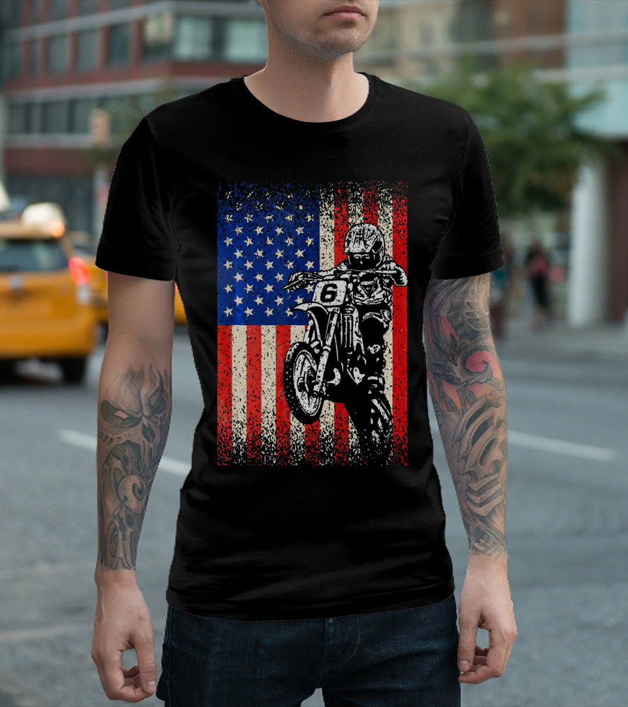 Dirt Bike American Flag Motocross Biker Number 6 T-Shirt