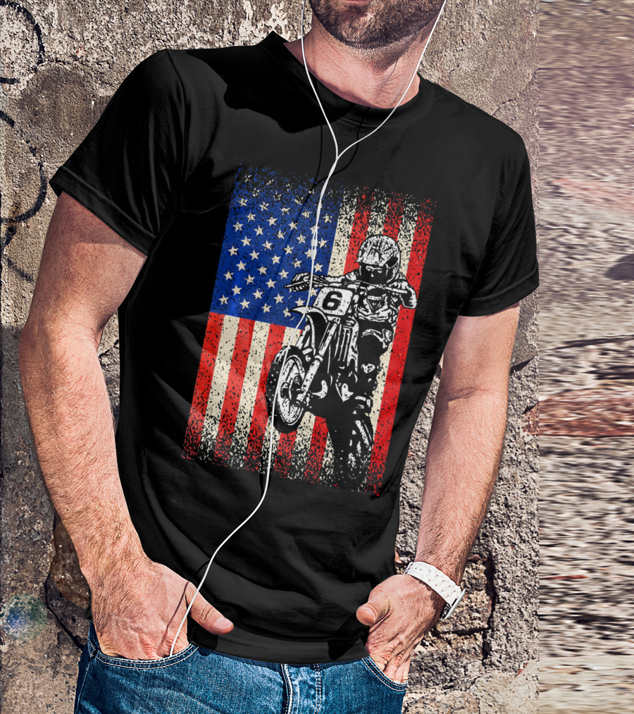 Dirt Bike American Flag Motocross Biker Number 6 T-Shirt
