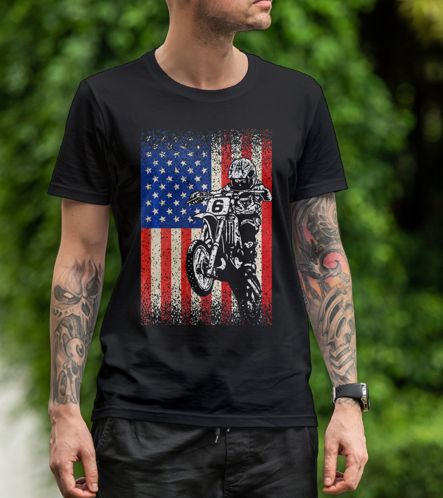 Dirt Bike American Flag Motocross Biker Number 6 T-Shirt