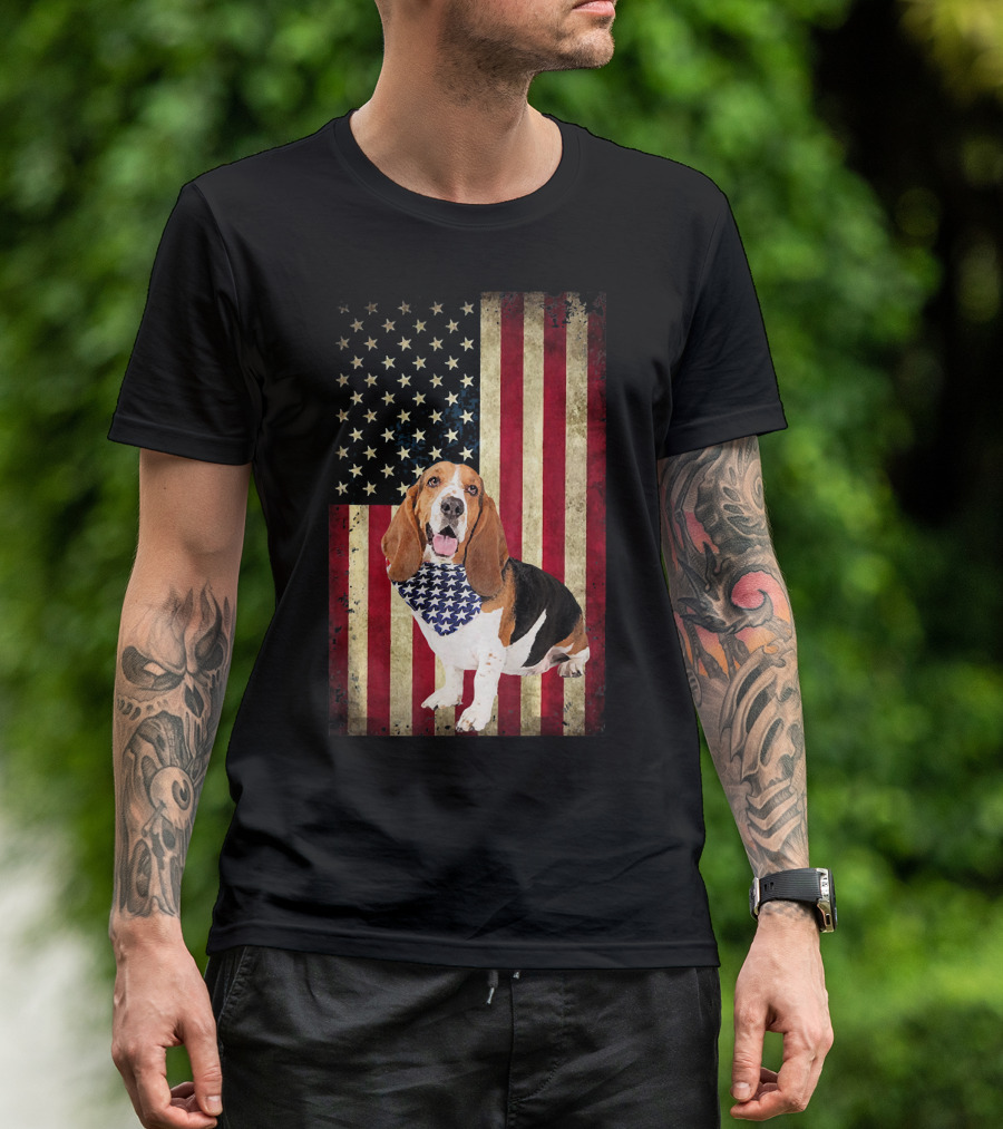 Basset Hounds Patriotic Dog Bandana American Flag 4th Of July T-Shirt
