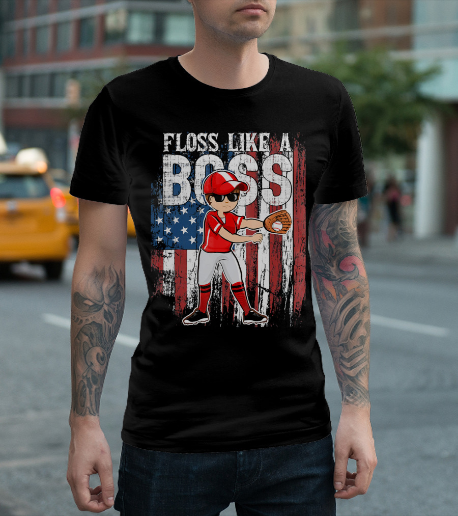 Floss Like a Boss American Baseball Spirit with Flag Background T-Shirt
