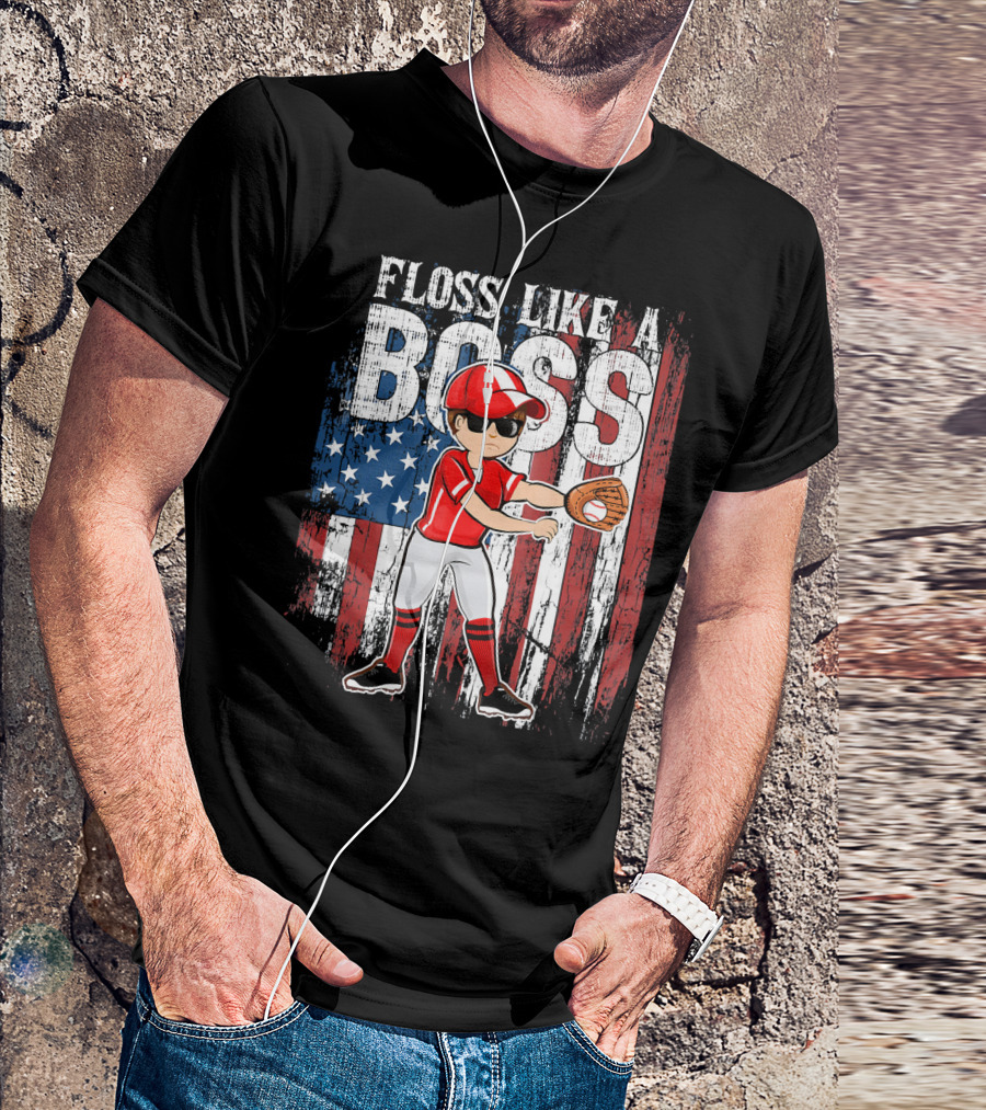 Floss Like A Boss American Baseball Spirit With Flag Background T-Shirt