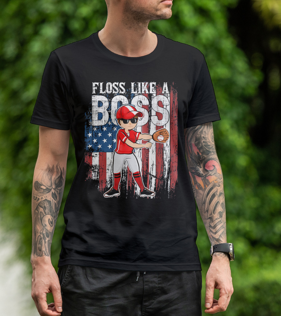 Floss Like A Boss American Baseball Spirit With Flag Background T-Shirt