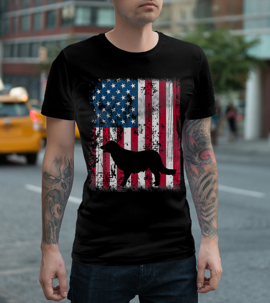 Golden Retriever Silhouette Over American Flag USA T-Shirt
