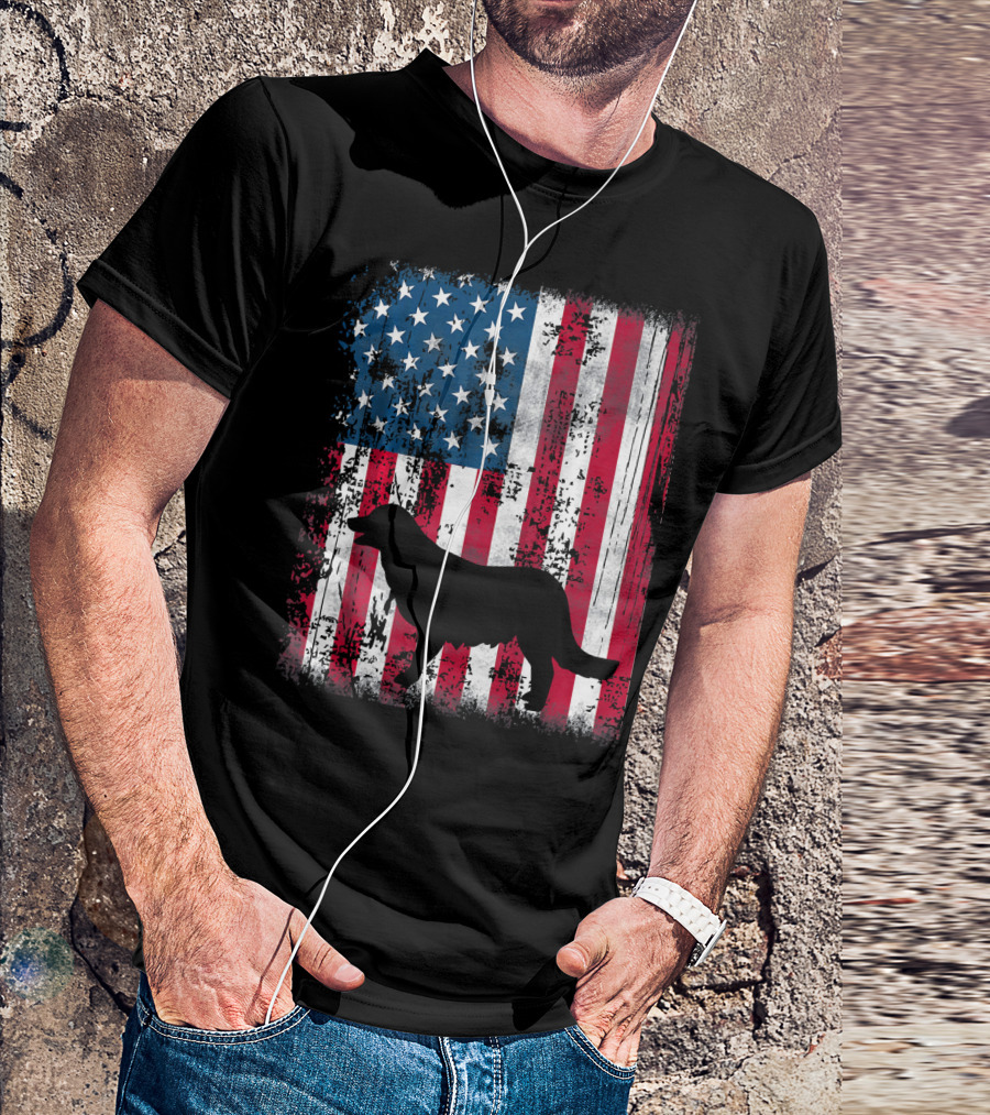 Golden Retriever Silhouette Over American Flag USA T-Shirt