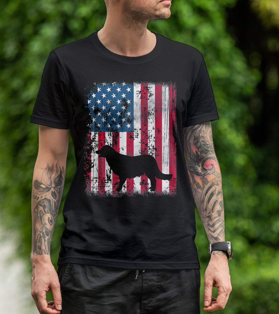 Golden Retriever Silhouette Over American Flag USA T-Shirt