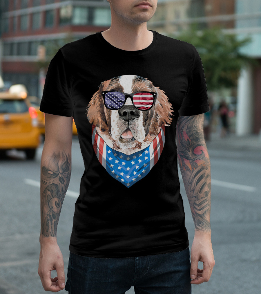 Fourth of July American Flag Dog Sunglasses Bandana T-Shirt