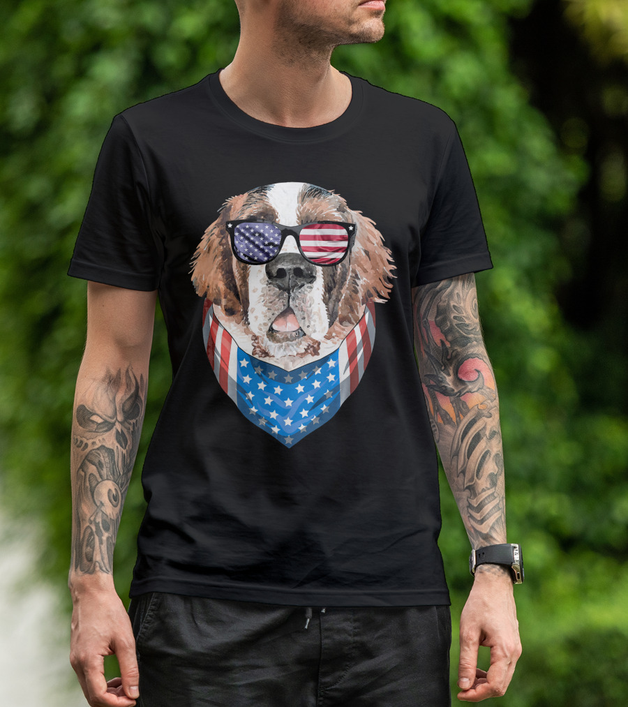 Fourth Of July American Flag Dog Sunglasses Bandana T-Shirt