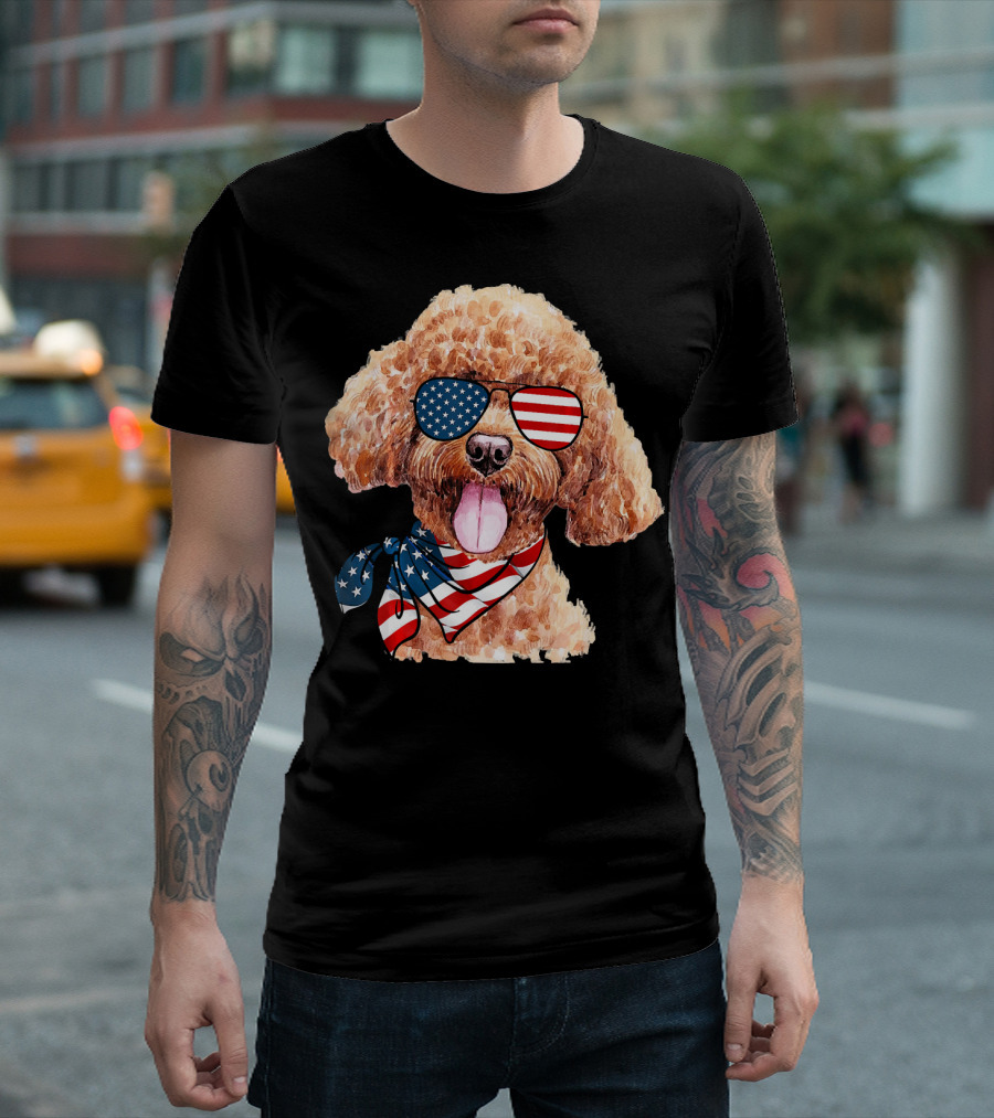 American Flag Poodle Patriotic 4th Of July USA Sunglasses and Bandana T-Shirt
