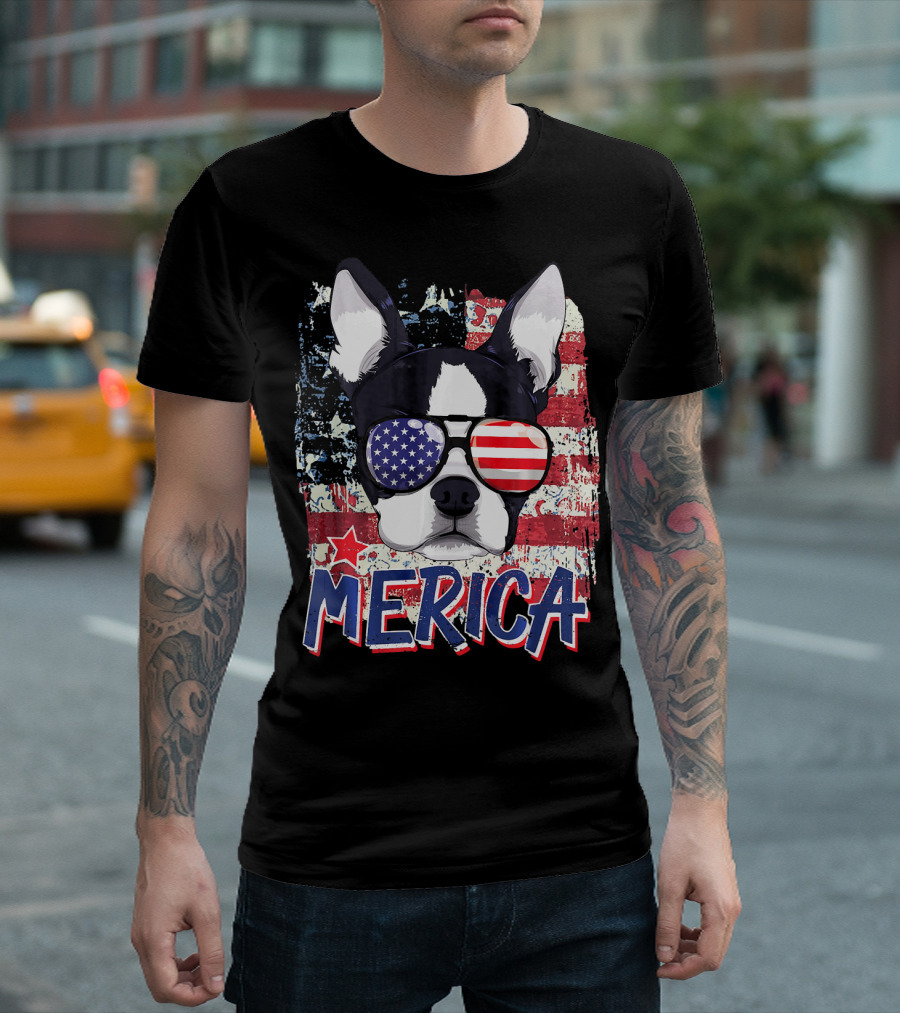 Merica Boston Terrier American Flag Sunglasses T-Shirt