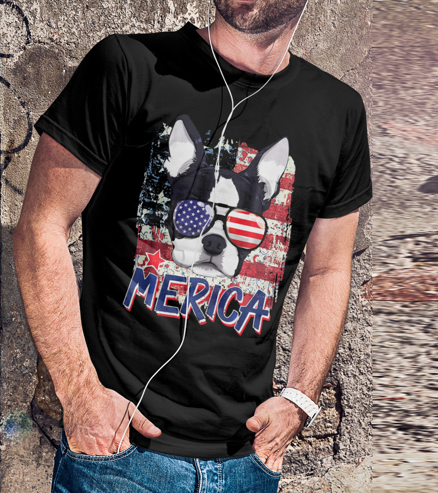 Merica Boston Terrier American Flag Sunglasses T-Shirt