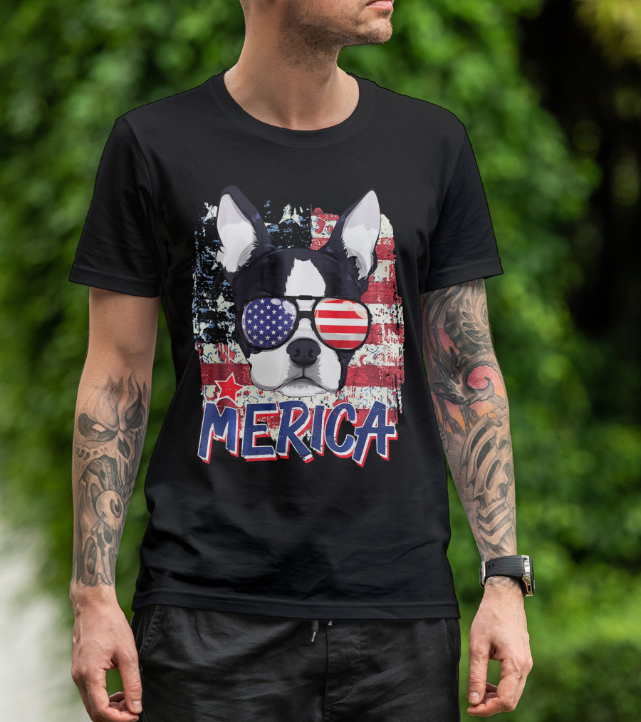 Merica Boston Terrier American Flag Sunglasses T-Shirt