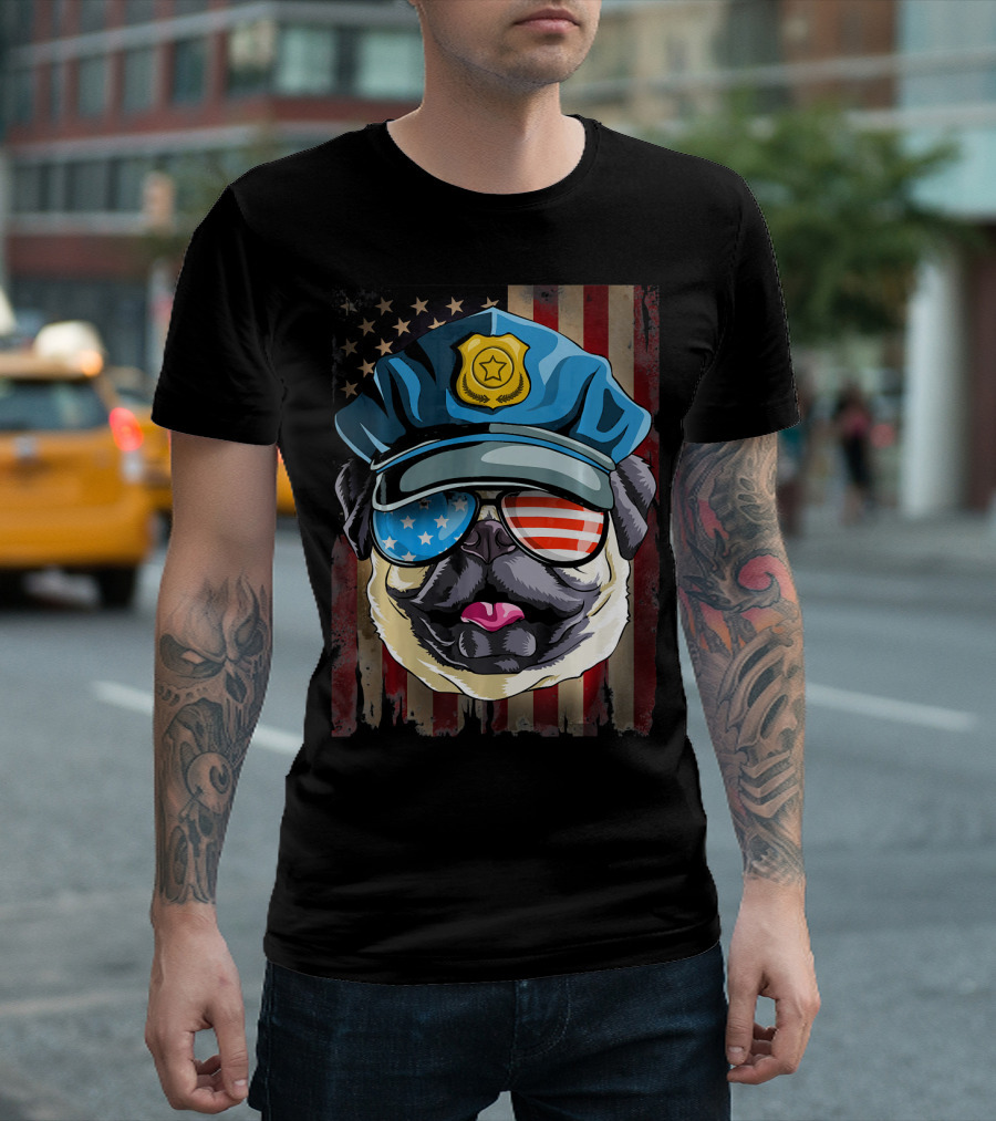 Police Pug American Flag Sunglasses Stars and Stripes 4th of July T-Shirt