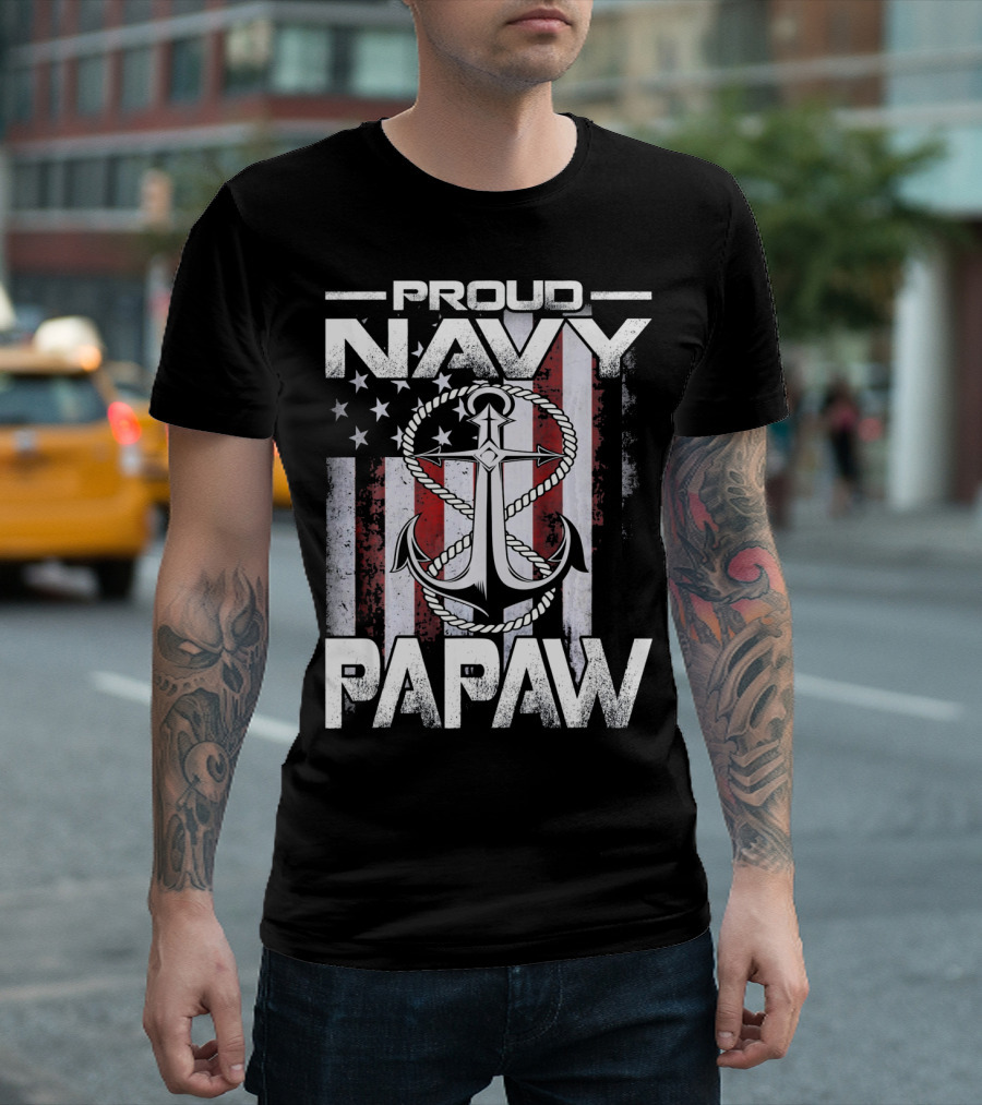 Proud Navy Papaw American Flag Anchor USA T-Shirt