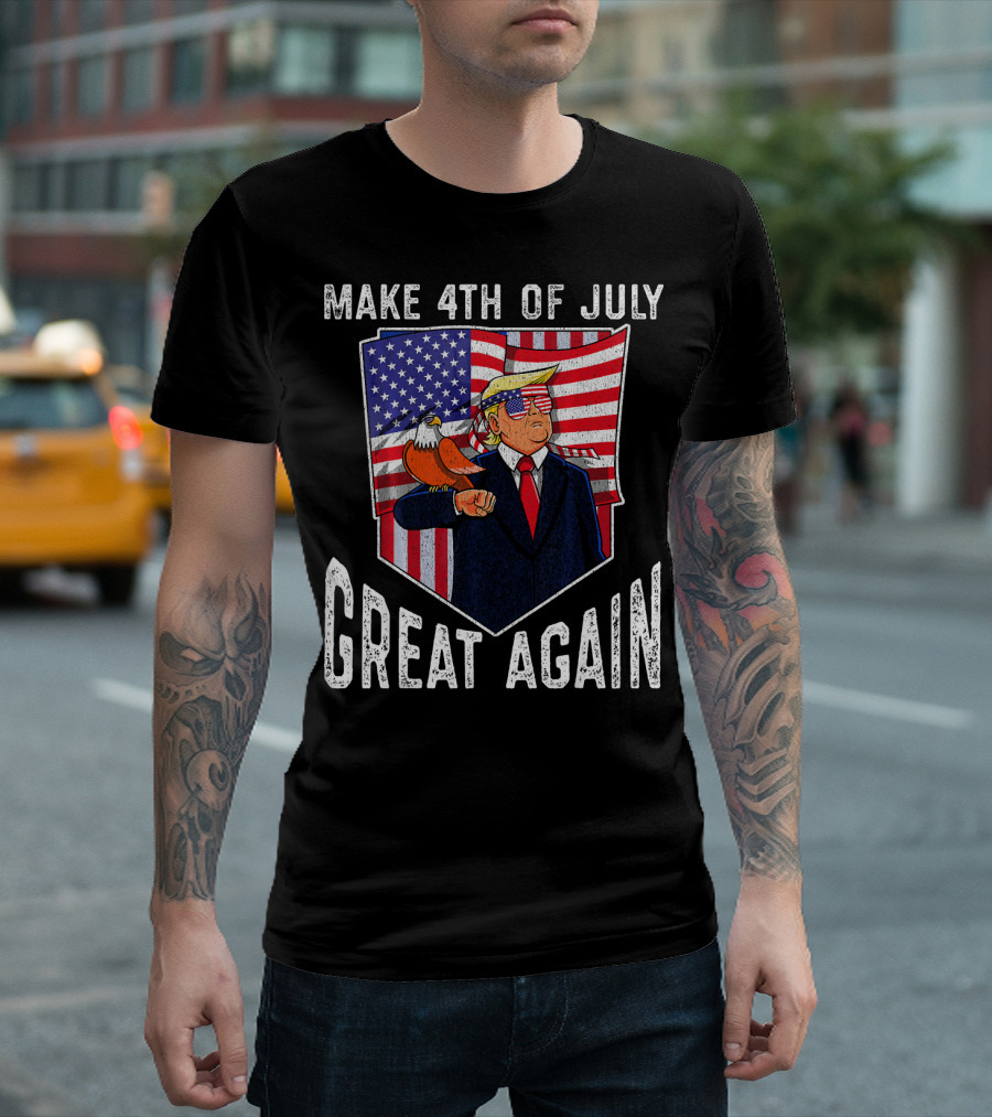 Make 4th of July Great Again Donald Trump American Flag Bald Eagle Sunglasses T-Shirt