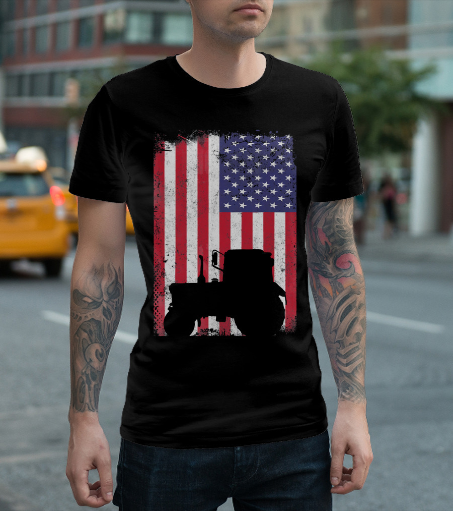 Tractor Silhouette Against Distressed American Flag Patriotic T-Shirt