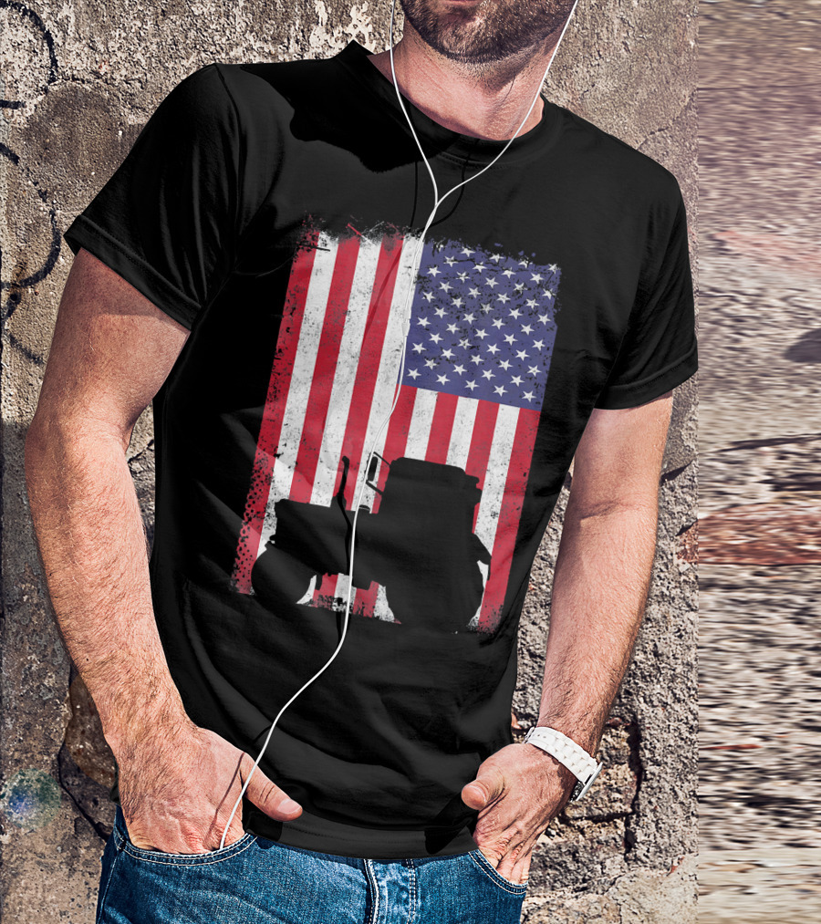 Tractor Silhouette Against Distressed American Flag Patriotic T-Shirt