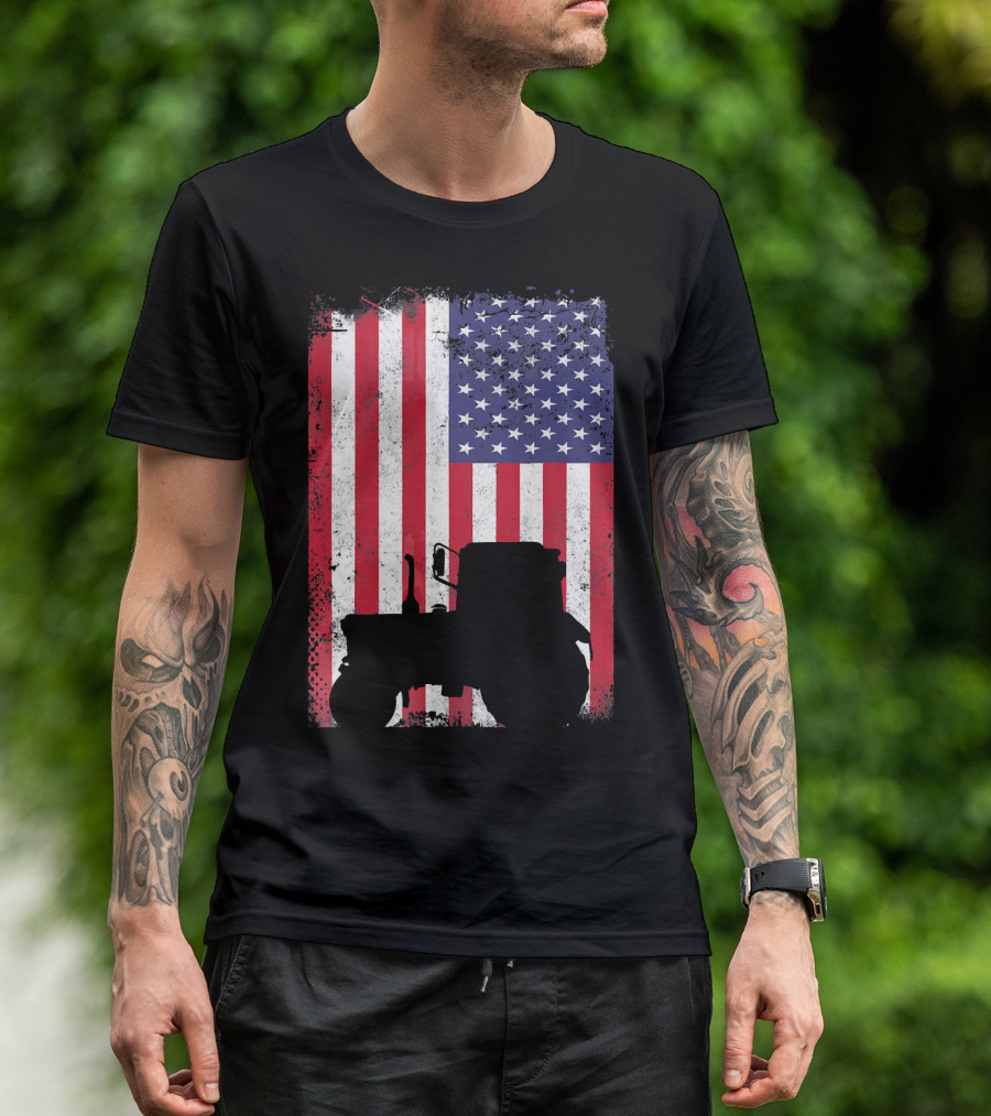 Tractor Silhouette Against Distressed American Flag Patriotic T-Shirt