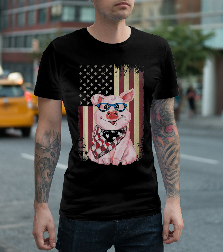 American Flag Pig with Glasses and Bandana T-Shirt