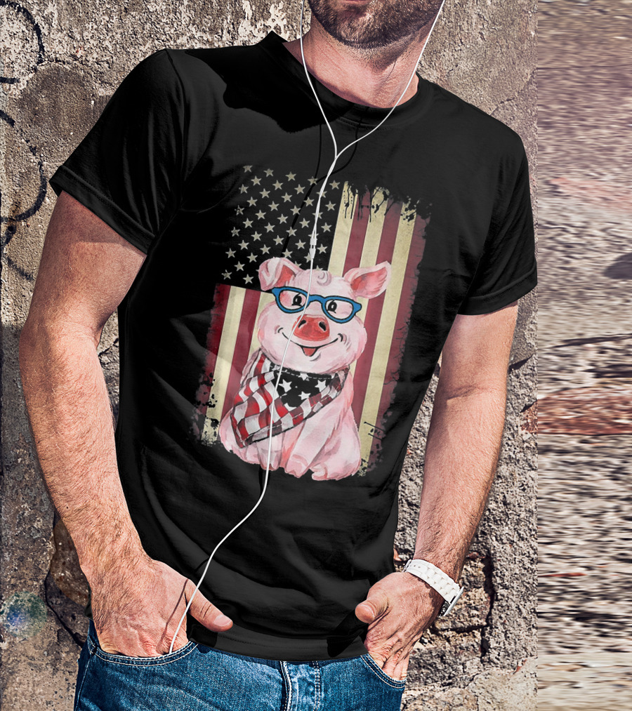 American Flag Pig With Glasses And Bandana T-Shirt