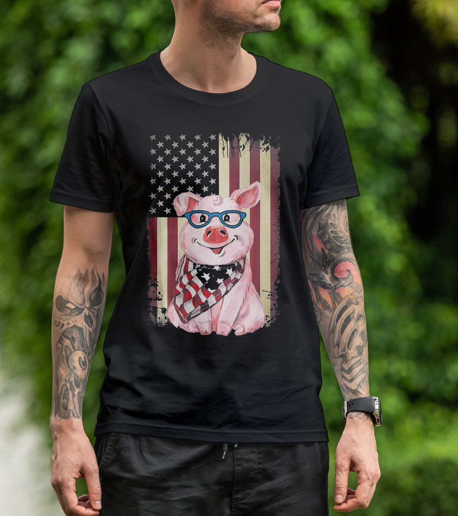 American Flag Pig With Glasses And Bandana T-Shirt
