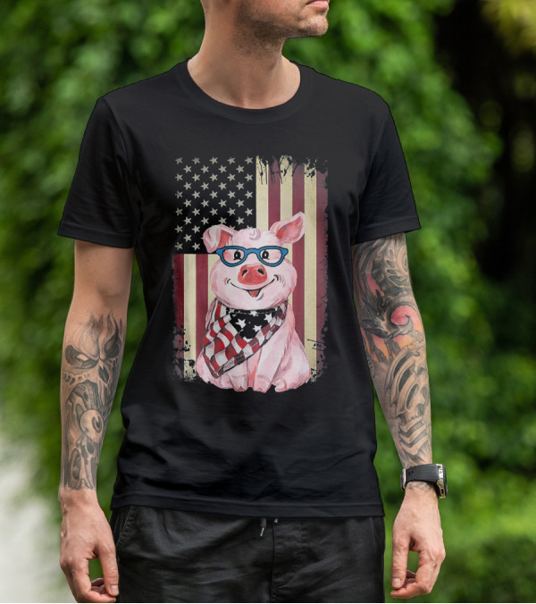 American Flag Pig With Glasses And Bandana T-Shirt