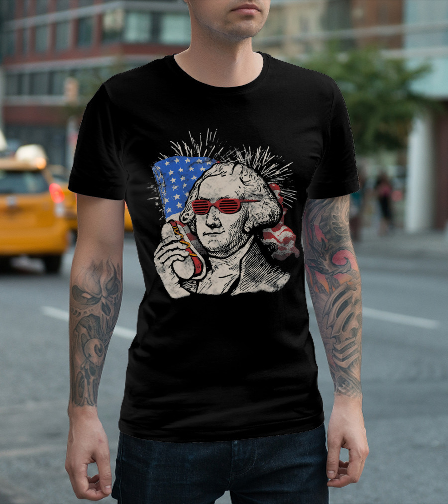 4th Of July USA Flag George Washington Sunglasses Hotdog T-Shirt